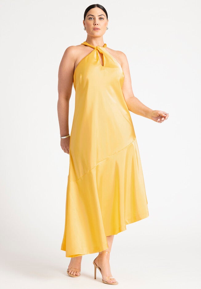 Twisted Neck Satin Maxi Dress, SOFT LEMON, on-hover image number null
