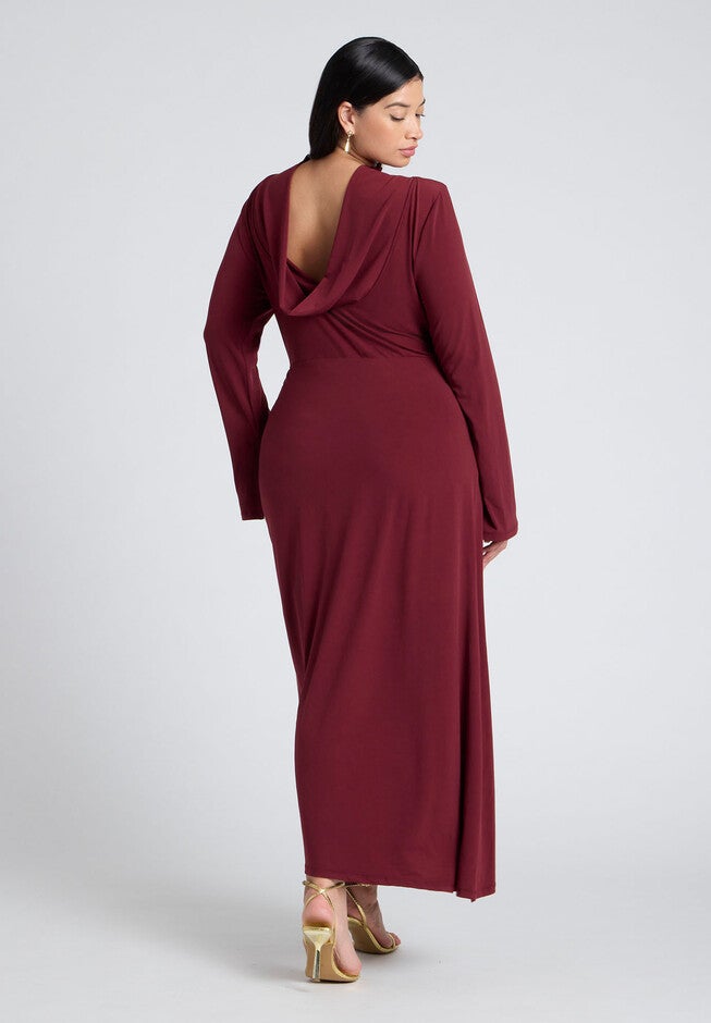 Cowl Back Asym Dress, MAROON BANNER, on-hover image number null