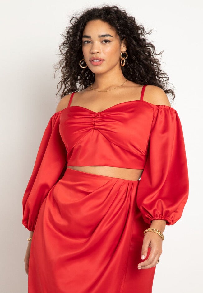 Sweetheart Neckline Cropped Satin Blouse, BARBADOS CHERRY, hi-res image number null