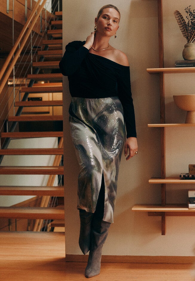 Printed Sequin Midi Skirt, FOREST MARBLE, hi-res image number null