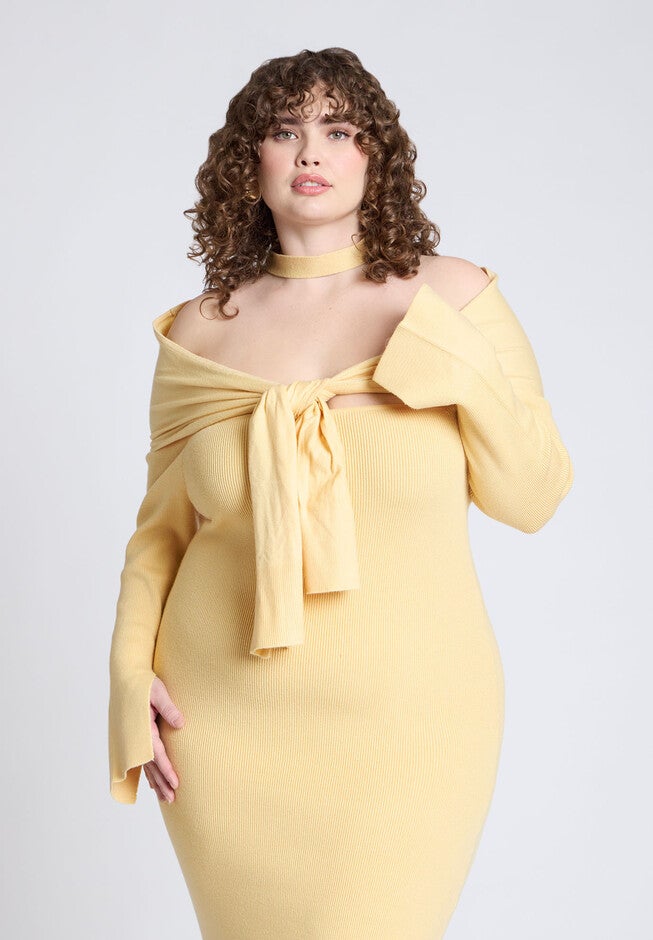Sweater Dress With Tie, LIGHT YELLOW, alternate image number null