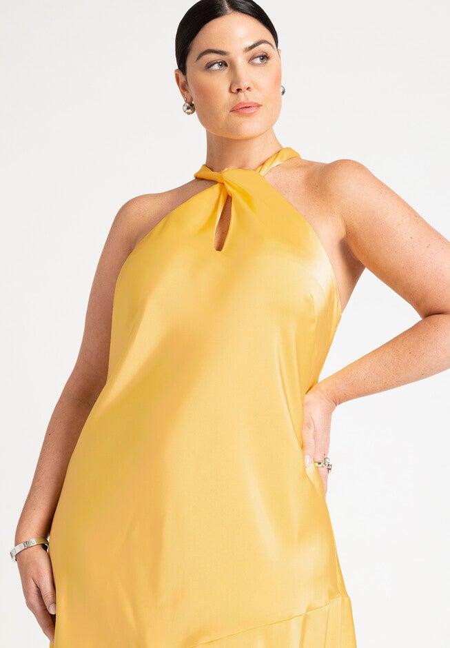 Twisted Neck Satin Maxi Dress, SOFT LEMON, alternate image number null