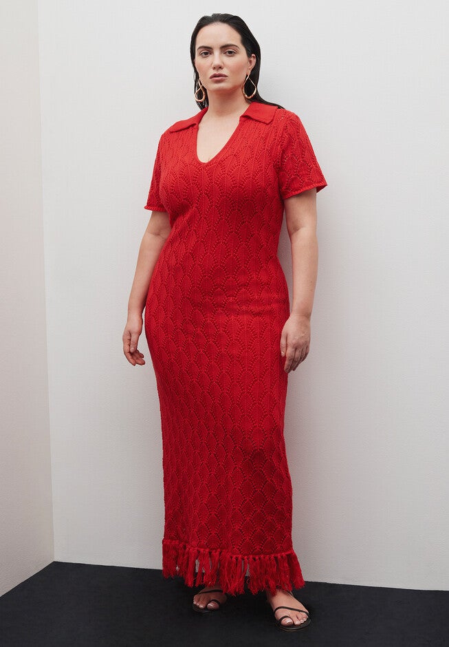 Crochet Maxi Dress With Collar & Fringe, HOT RED, alternate image number null