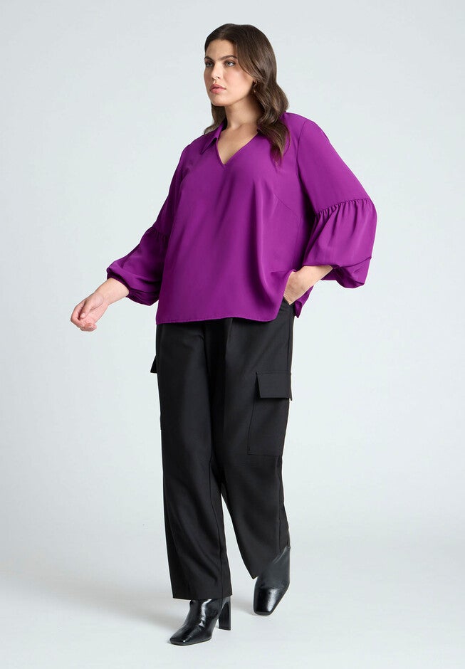 Balloon Sleeve Collared Blouse, WARM PURPLE, alternate image number null