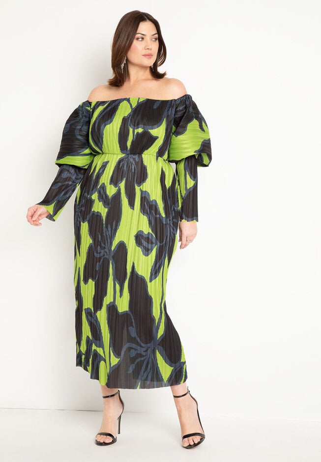 Off The Shoulder Pleated Dress, GRAPHIC BOTANY, hi-res image number null