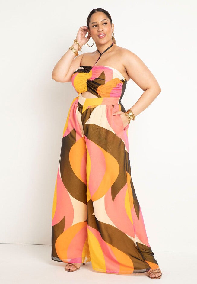 Halter Neckline Wide Leg Jumpsuit, GRAPHIC SWIRL, hi-res image number null