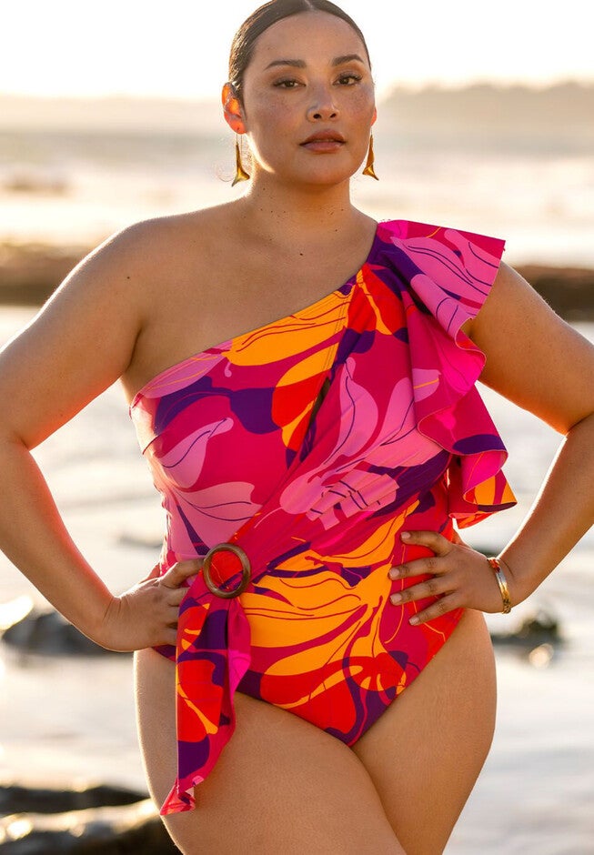 One Shoulder Cascade Ruffle Swimsuit, MYSTIQUE FLORAL, hi-res image number null