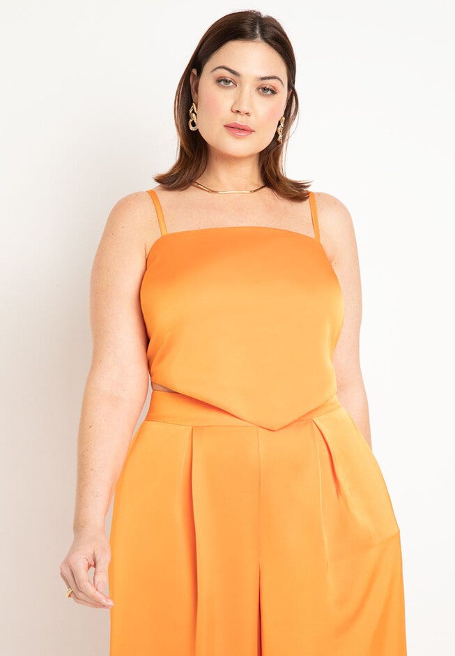 Pointed Hem Satin Crop Top, PERSIMMON ORANGE, hi-res image number null