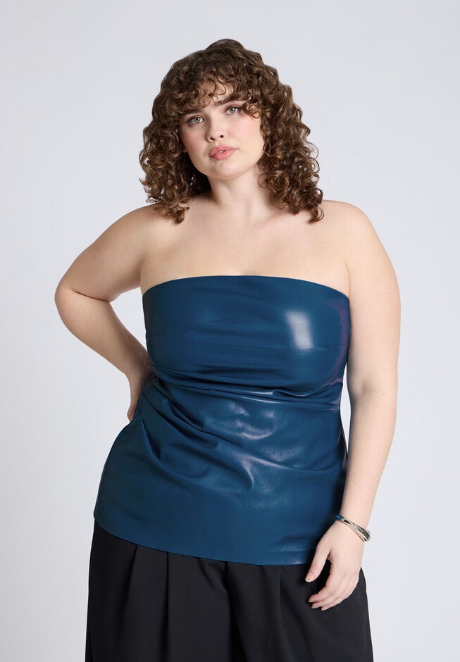Pleated Faux Leather Top, TEAL, hi-res image number null