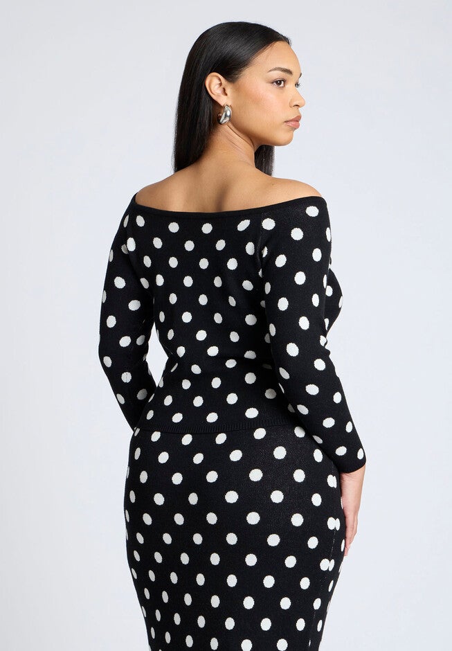Off The Shoulder Dot Pattern Sweater, ARMY DOT, on-hover image number null