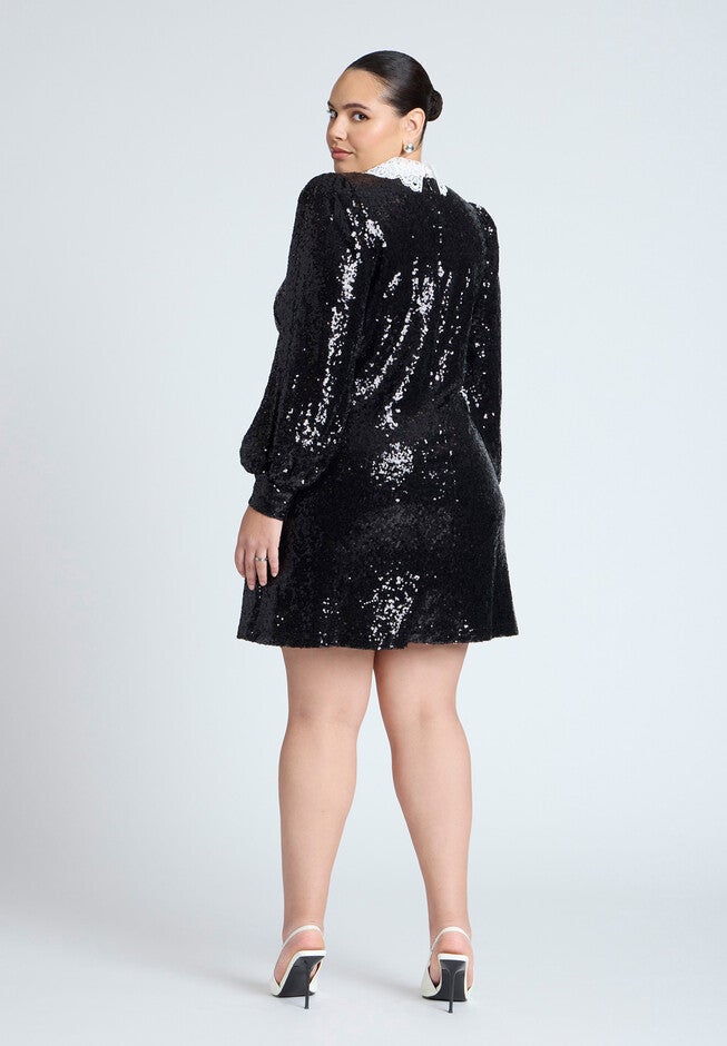 Lace Collar Sequin Mini Dress, BLACK ONYX, alternate image number null