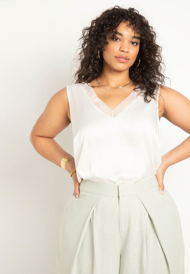 V Neck Satin And Chiffon Tank, CREAM WHITE, hi-res image number null