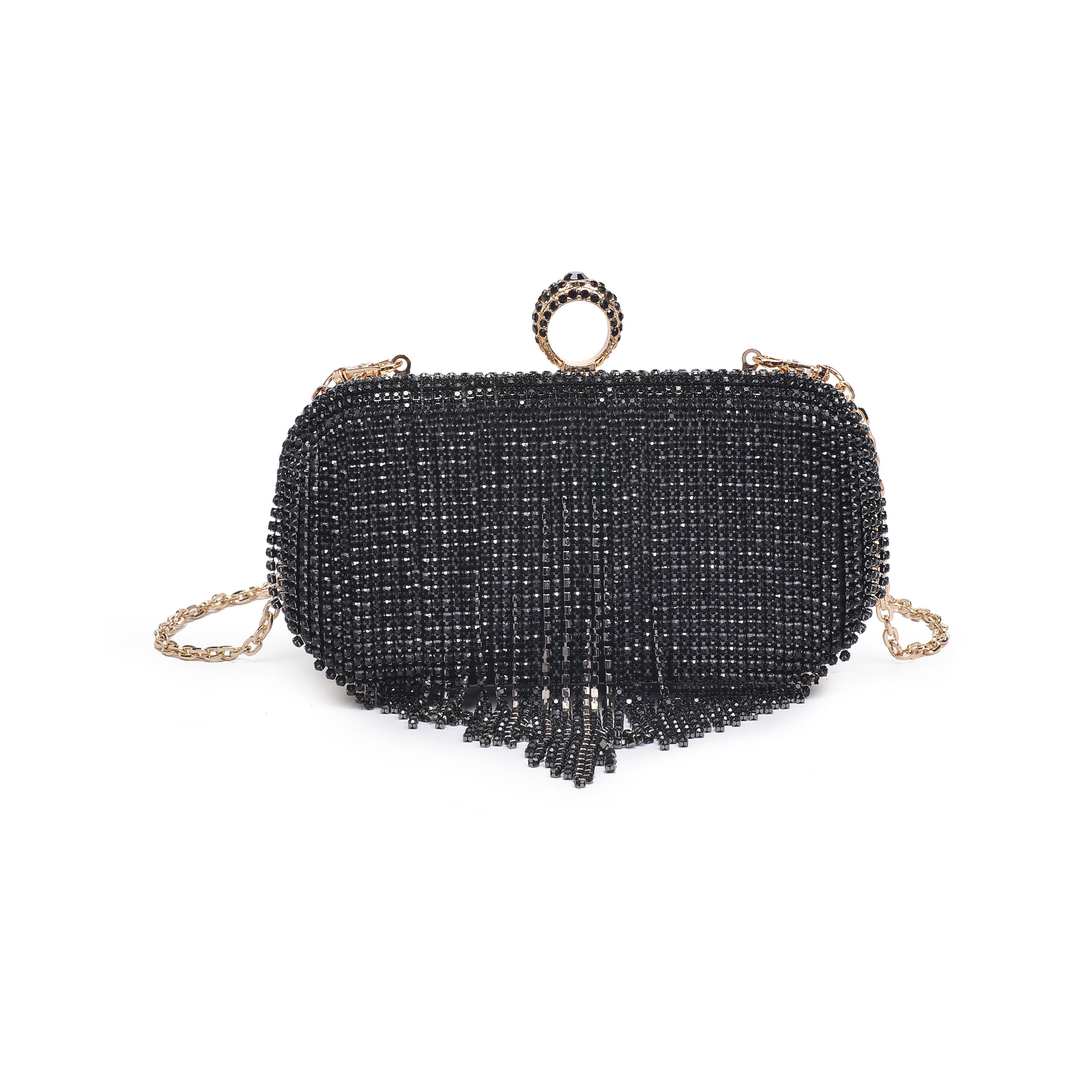 Vivian Rhinestone Fringe Evening Bag, BLACK, hi-res image number 0