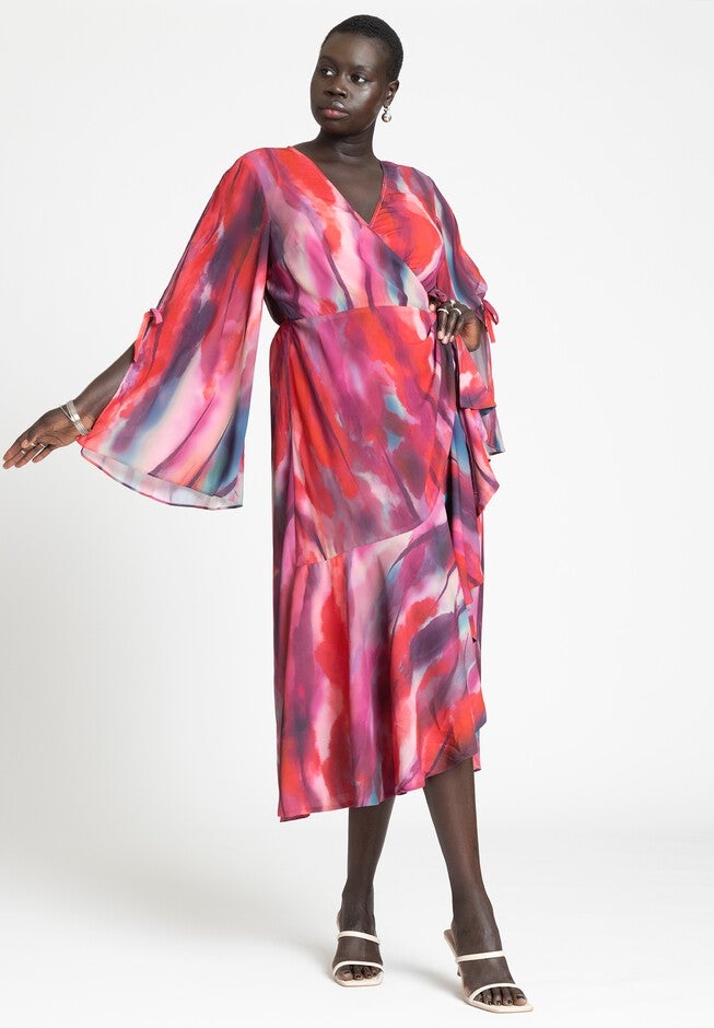 Flare Sleeve Wrap Dress, PAINTER'S SUNRISE, hi-res image number null