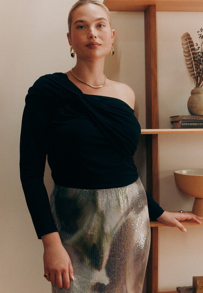Shoulder-Twist Drape Top, BLACK ONYX, alternate image number null