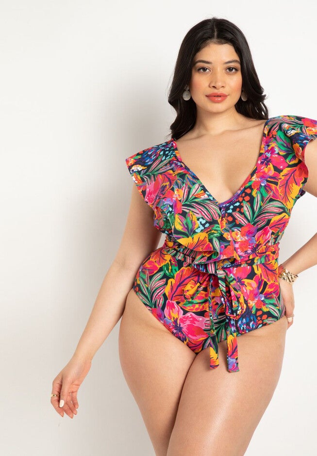 Ruffle Shoulder One Piece Swimsuit With Belt, , on-hover image number null