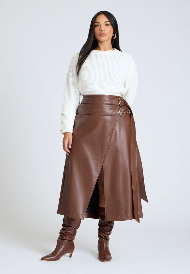 Double Belt Wrap Faux Leather Skirt, ROCKY ROAD, hi-res image number null