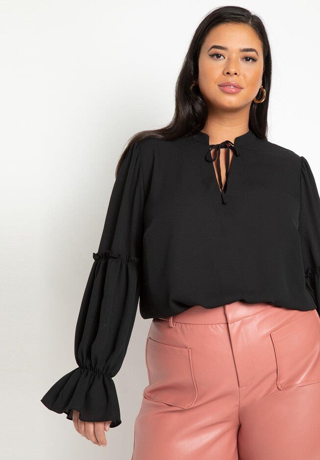 Ruffle Detail Blouse With Ties, TOTALLY BLACK, hi-res image number null