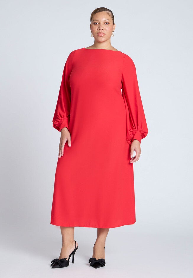 Puff Sleeve Open Back Midi Dress, PATROL RED, hi-res image number null