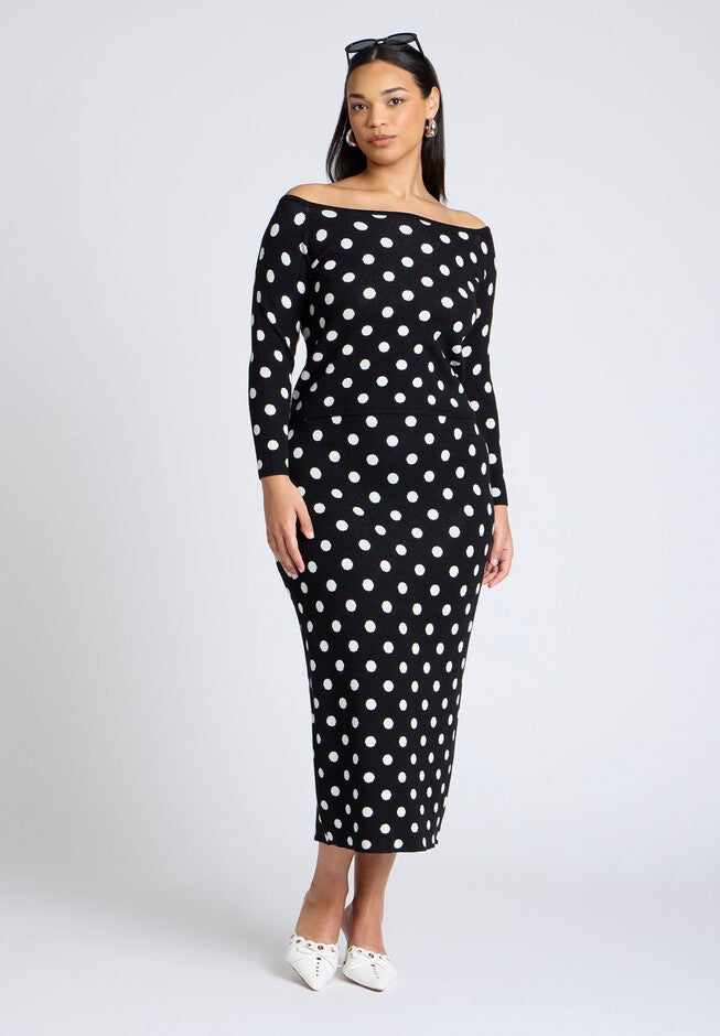 Off The Shoulder Dot Pattern Sweater, ARMY DOT, alternate image number null