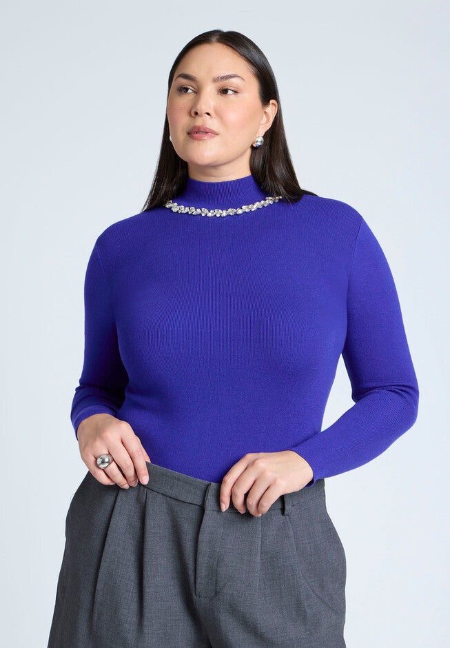 Embellished Neckline Sweater, COBALT BLUE, hi-res image number null
