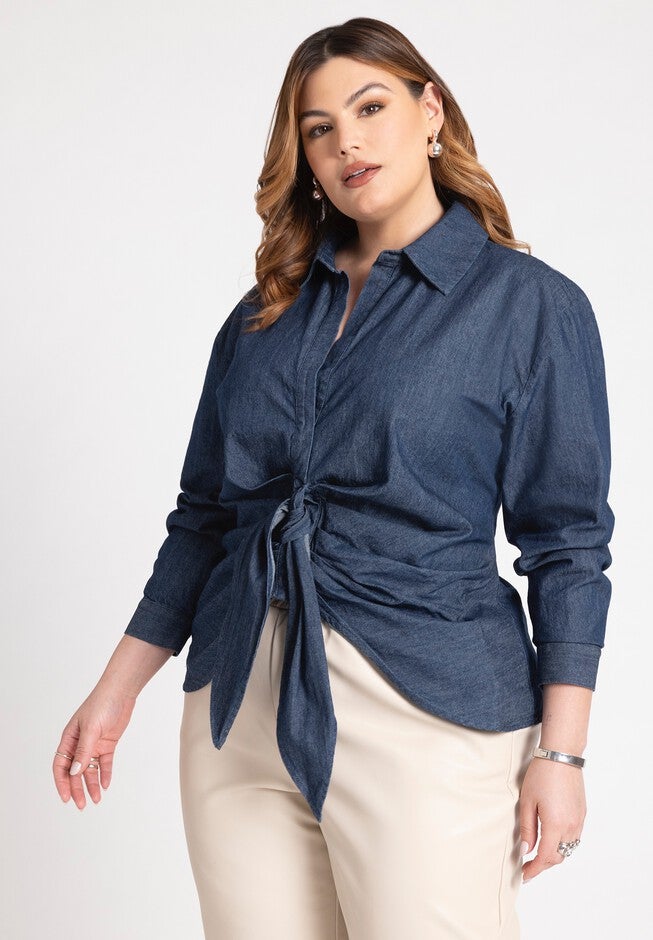 Tie Front Collared Blouse, MEDIUM WASH, hi-res image number null