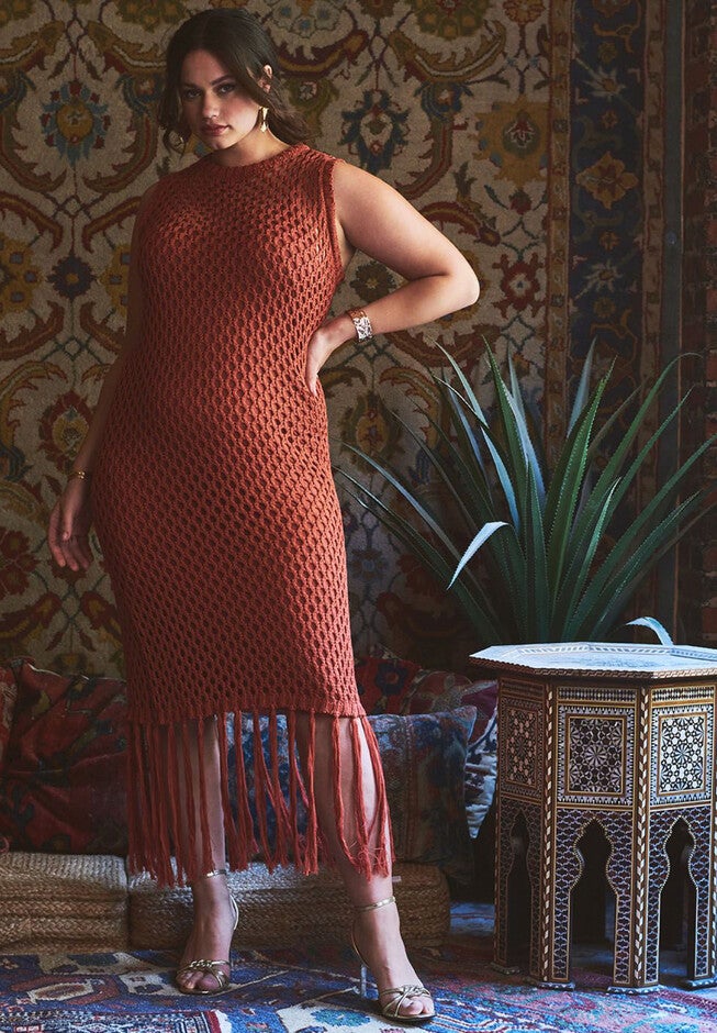 Netting Dress With Fringe Hem, , alternate image number null