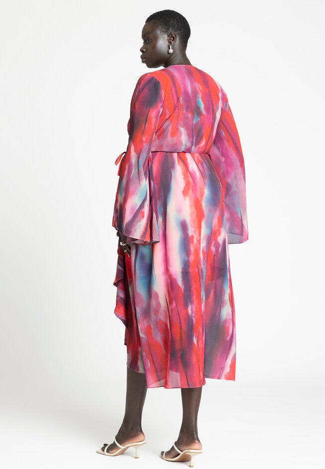 Flare Sleeve Wrap Dress, PAINTER'S SUNRISE, on-hover image number null