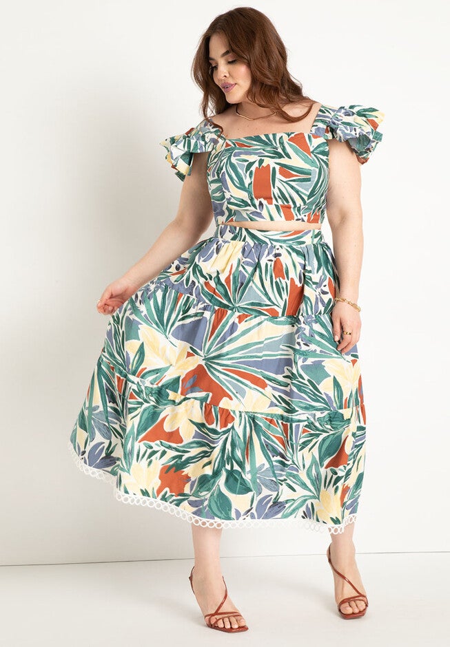Ruffle Sleeve Printed Crop Top, , alternate image number null