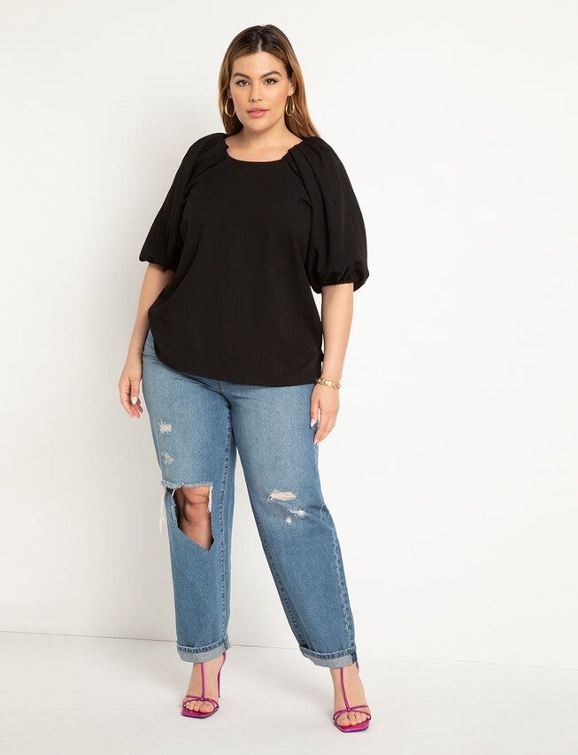 Puff Sleeve Textured Rayon Top, TOTALLY BLACK, alternate image number null