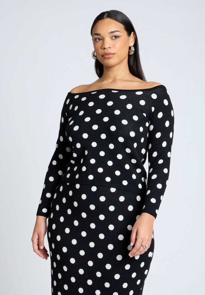Off The Shoulder Dot Pattern Sweater, ARMY DOT, hi-res image number null