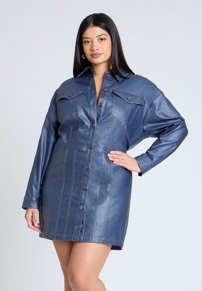 Coated Denim Mini Dress, LIGHT WASH, alternate image number null