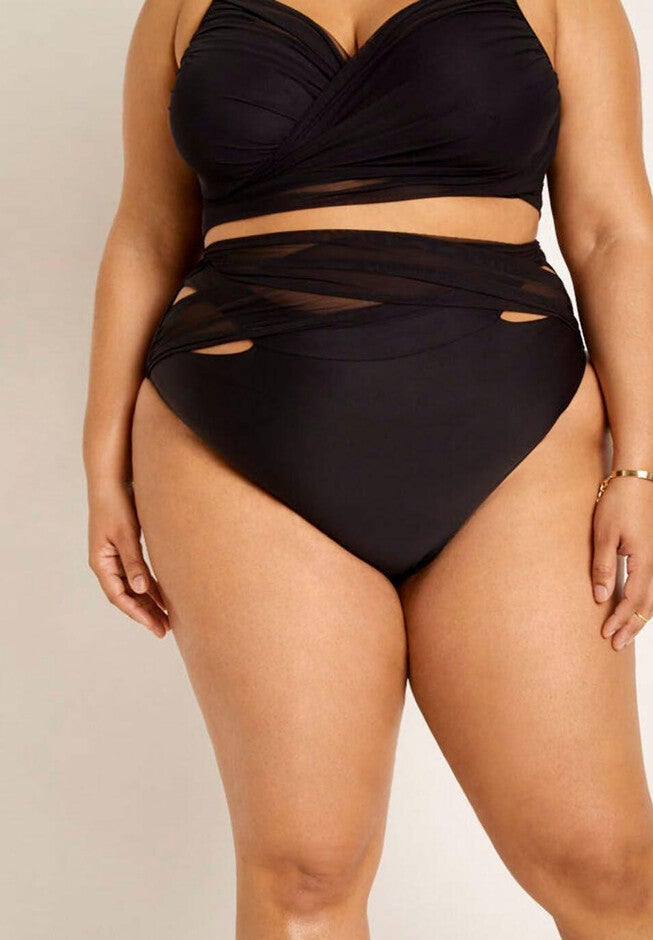 Gabi Fresh Swim x ELOQUII Wrap Detail Mesh High Waisted Bikini Bottom, , on-hover image number null