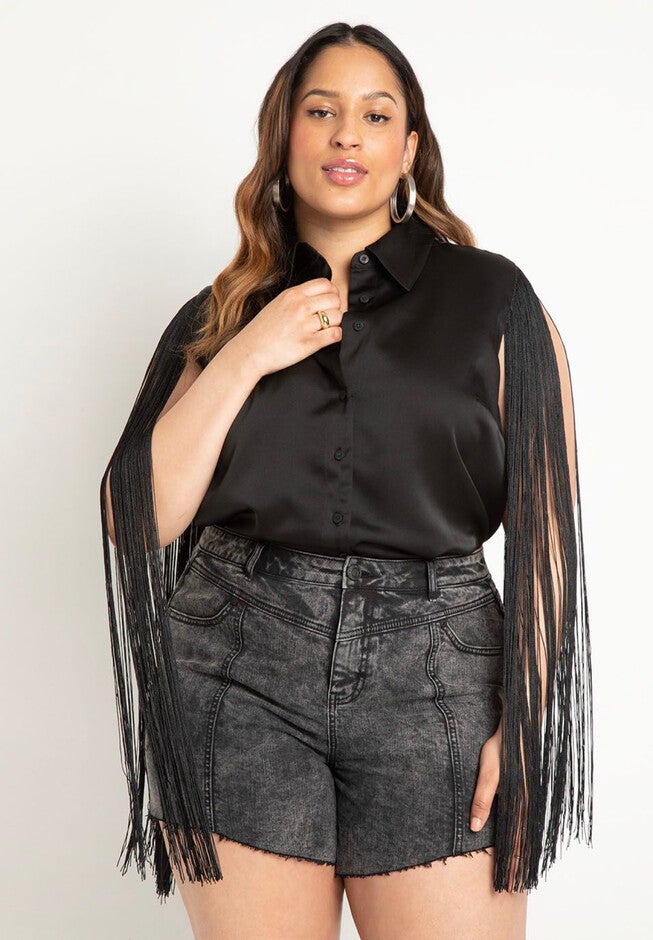 Button Down Top With Fringe Sleeves, BLACK, hi-res image number null