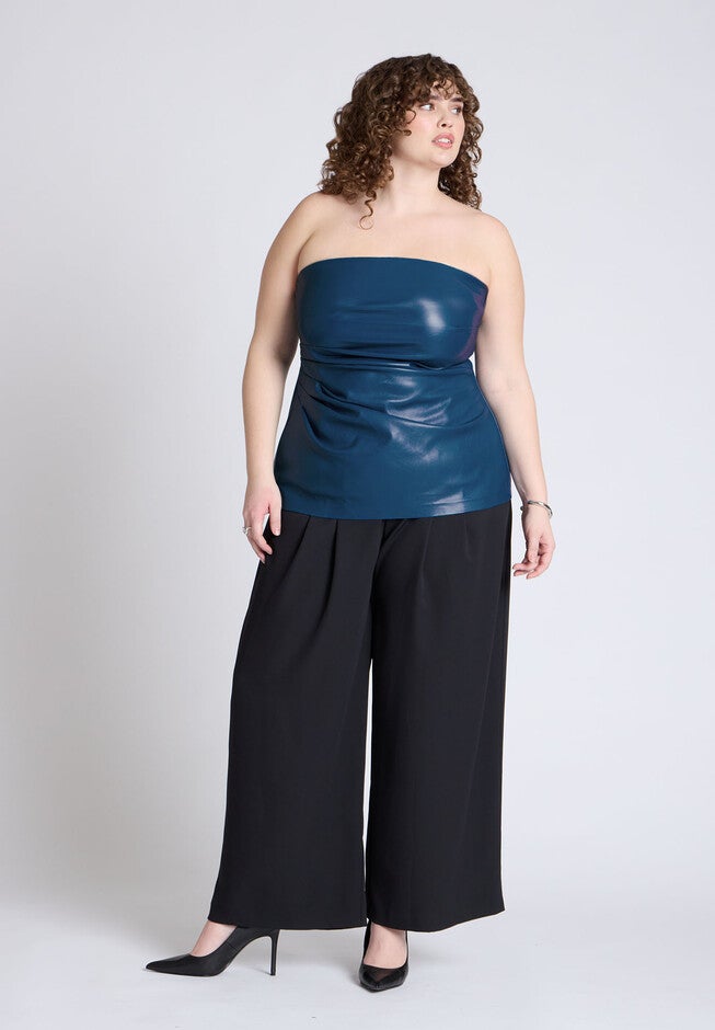 Pleated Faux Leather Top, TEAL, alternate image number null