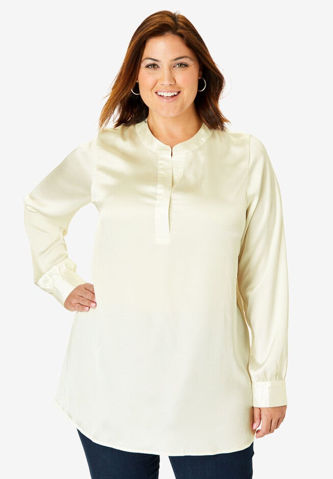 Silky Placket Front Blouse, IVORY, hi-res image number null