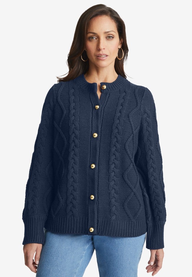 Button Front Cable Cardigan, NAVY, hi-res image number null