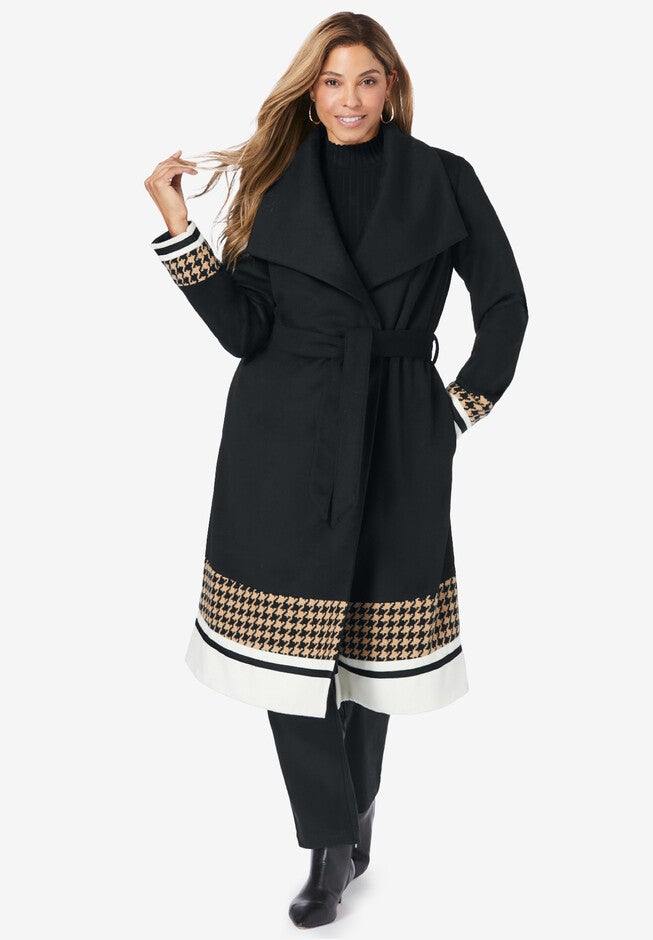 Tie-Front Shawl Wool Coat, BLACK HOUNDSTOOTH STRIPE, hi-res image number null