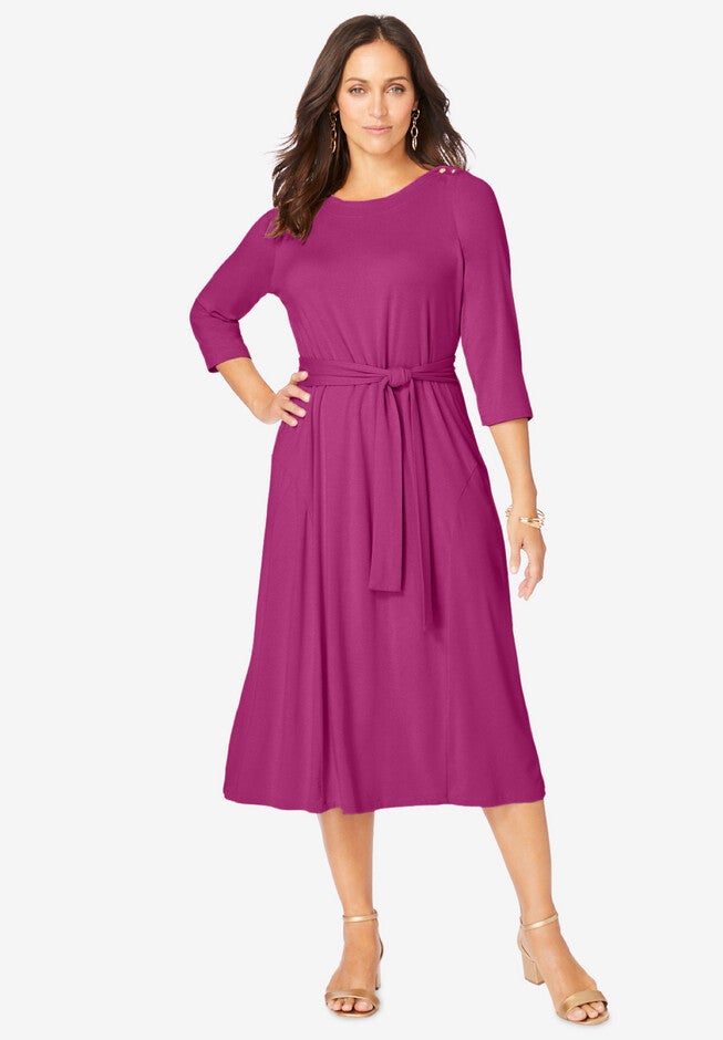Button Boatneck Midi Dress, RASPBERRY, hi-res image number 0