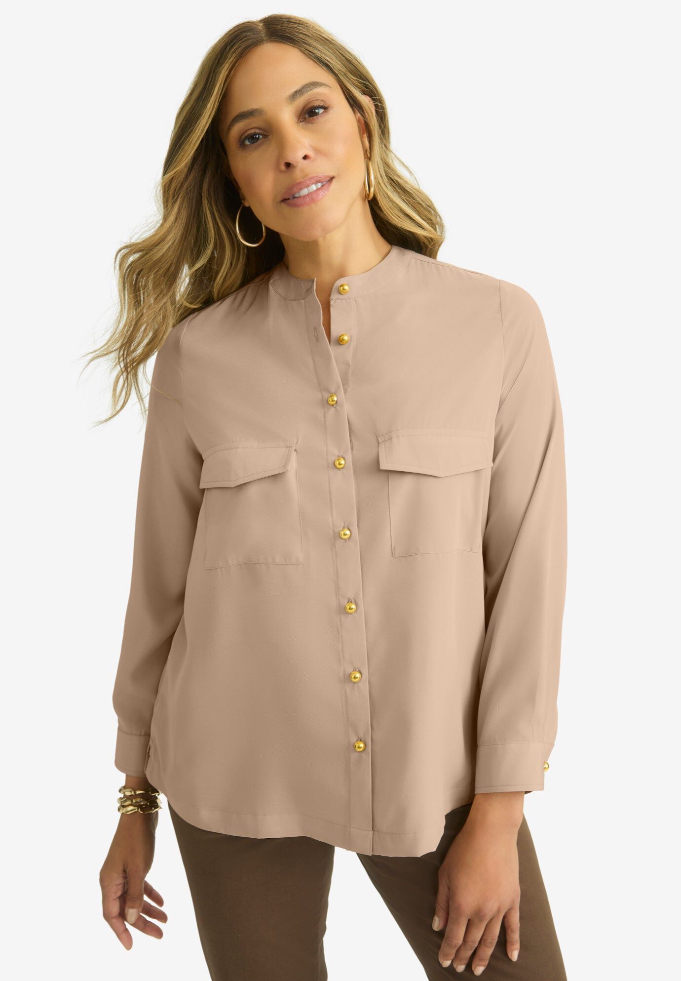 Button-Front Chest Pocket Blouse, NEW KHAKI, hi-res image number 0