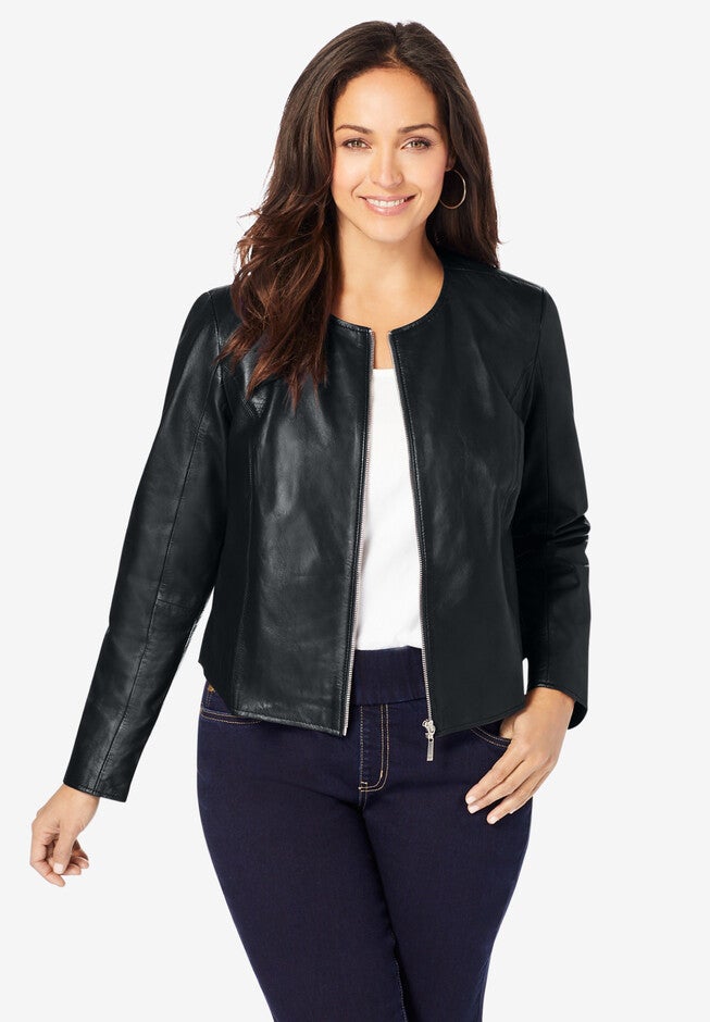 Collarless Leather Jacket, BLACK, hi-res image number 0