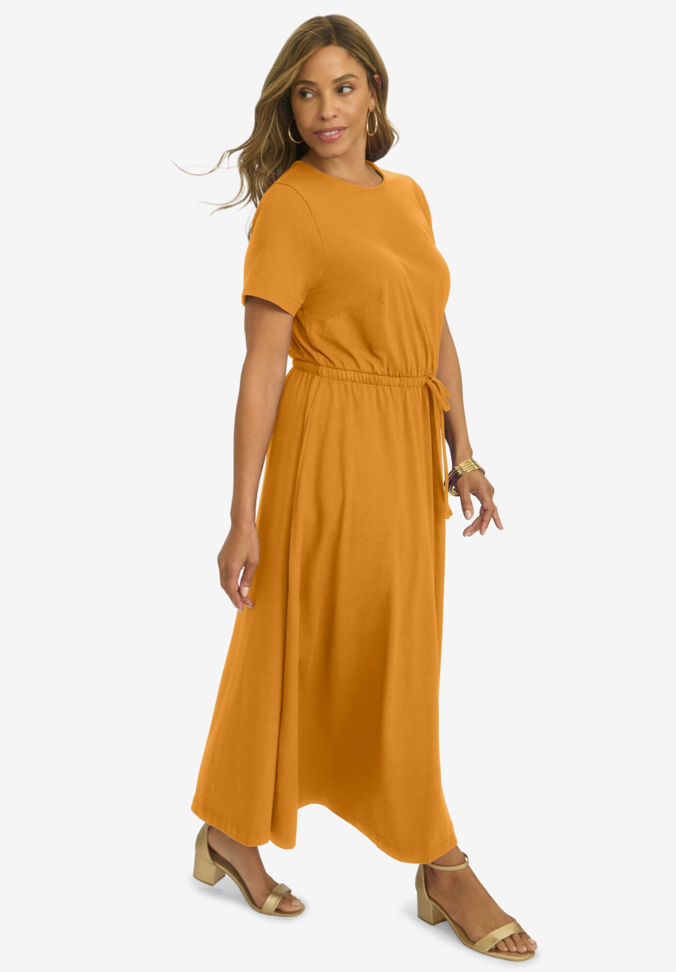 Stretch Cotton Drawstring Maxi Dress, RICH GOLD, alternate image number 2
