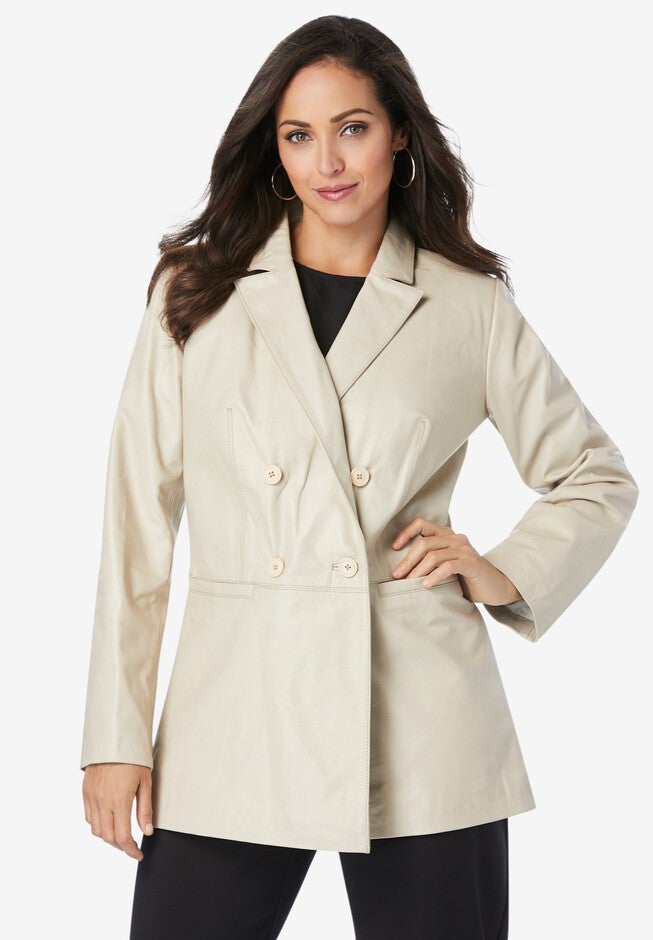 Double Breasted Leather Blazer, OATMEAL, hi-res image number 0