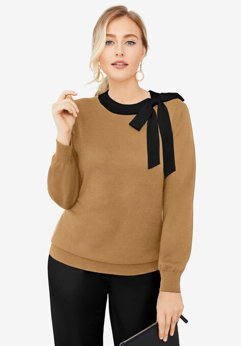 Tie-Neck Sweater, SOFT CAMEL, hi-res image number null