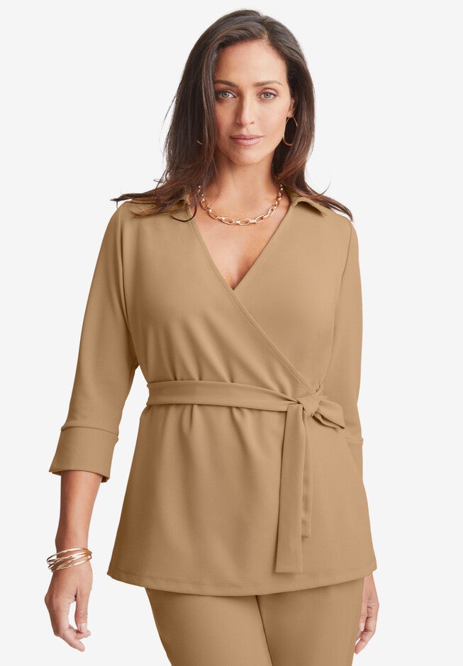 Stretch Knit Crepe Wrap Top, SOFT CAMEL, hi-res image number null