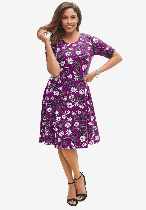 Ponte Flare Dress, PURPLE TULIP SIMPLE FLORAL, hi-res image number null