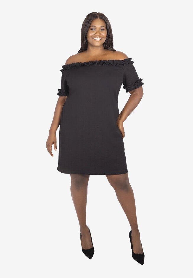 Off The Shoulder Ruffle Dress, BLACK, hi-res image number 0