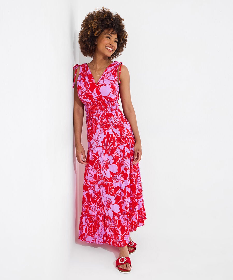 Summer Faux Wrap Maxi Dress, TROPICAL HIBISCUS LEAVES, hi-res image number 0