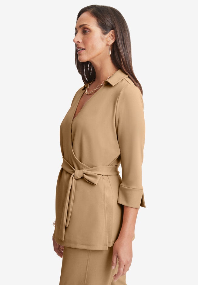 Stretch Knit Crepe Wrap Top, , alternate image number null