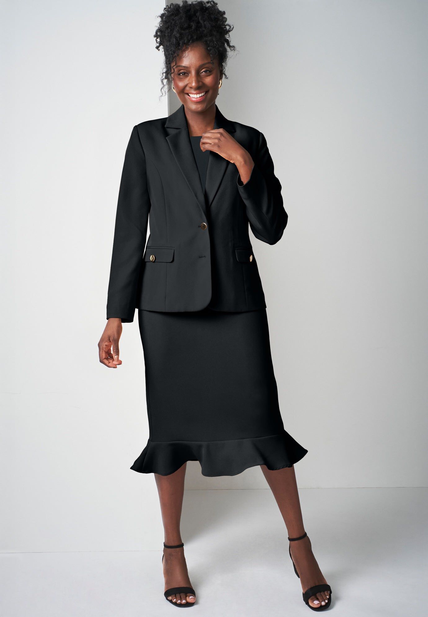 2-Piece Stretch Crepe Peplum Skirt Suit, BLACK, hi-res image number 0